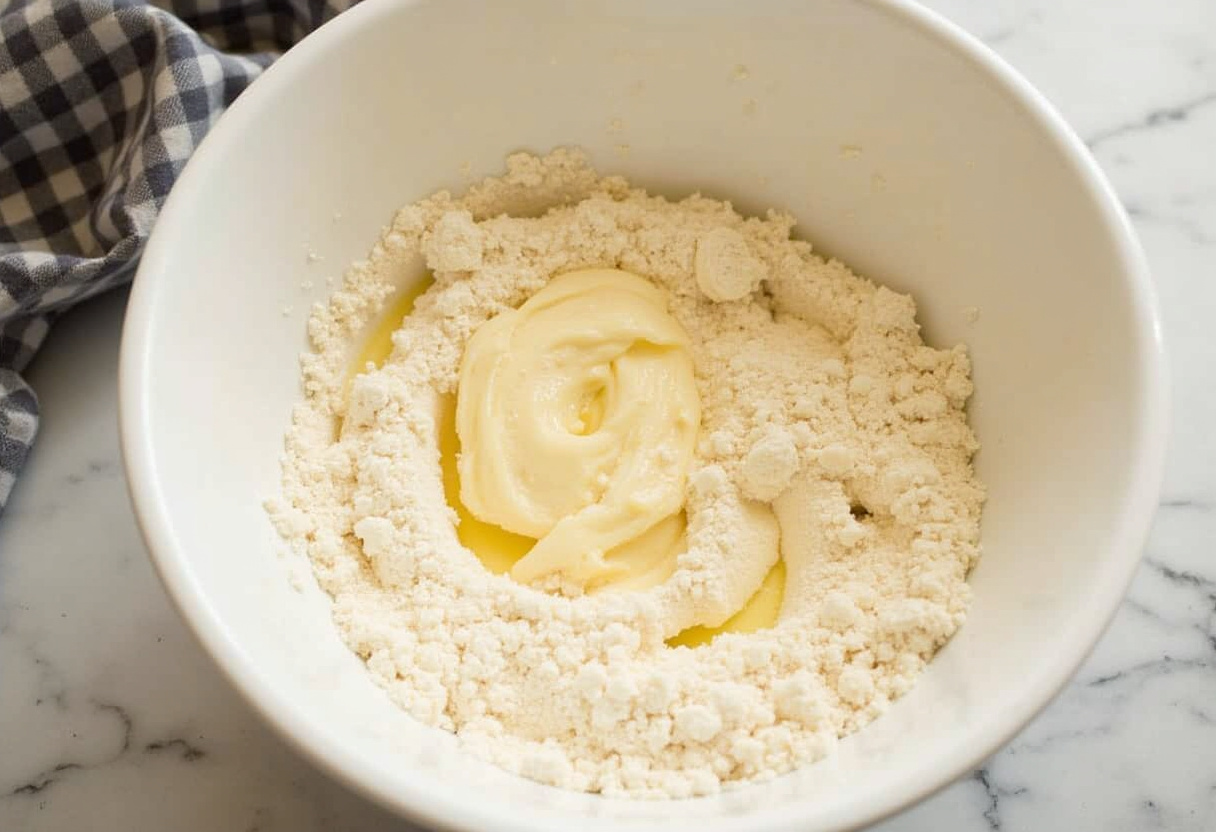 Almond flour being mixed into the banana mixture for Pan de Banana Sin Harina.