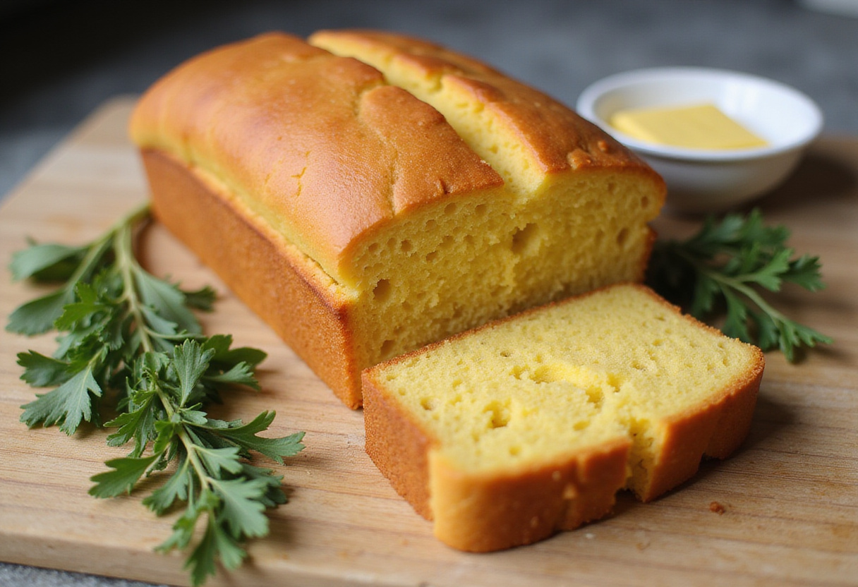 Pan de maíz casero recién horneado, tierno y jugoso, ideal para disfrutar.