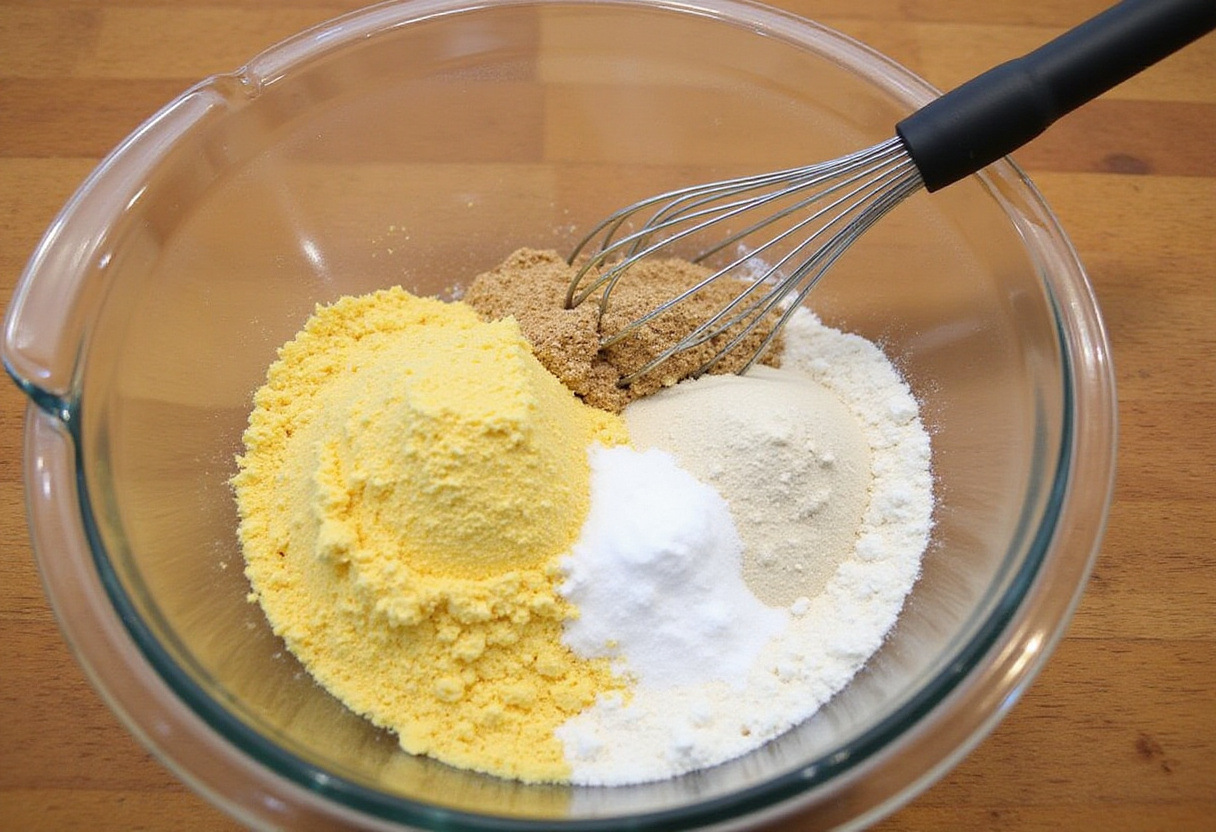 Receta de pan de maíz con ingredientes secos en un tazón para hacer pan casero.