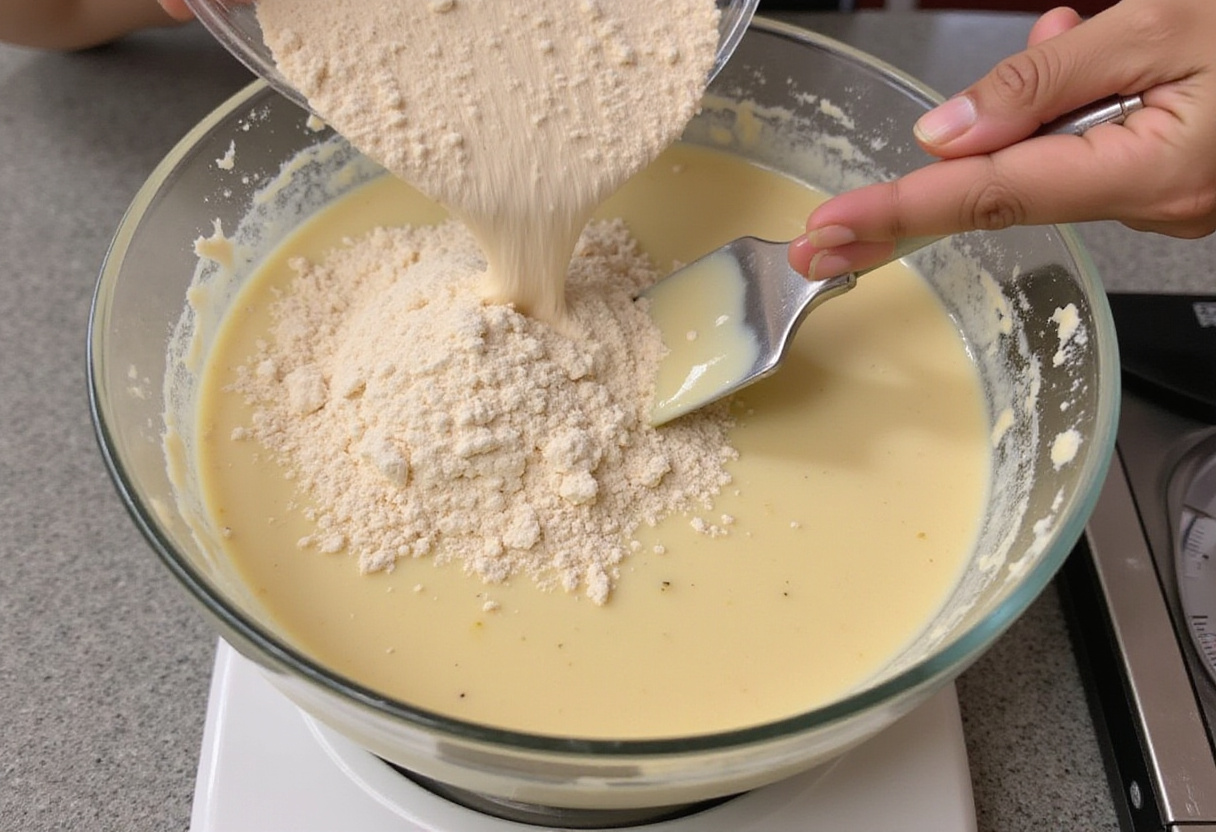 Union de ingredientes secos y húmedos para pan de maíz jugoso en la receta de pan de maíz fácil.