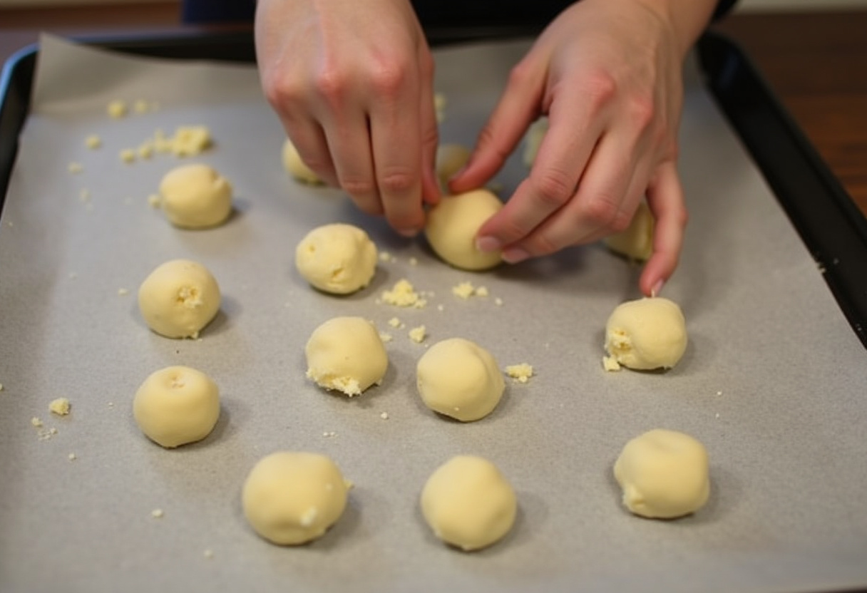 Formando bolitas de masa para pan de queso sin horno en una bandeja de horno.