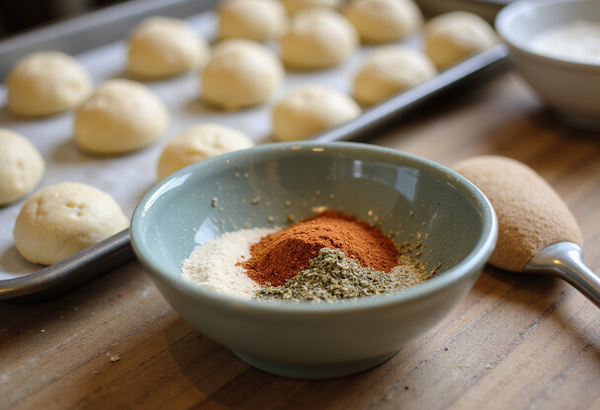 Especias y hierbas en un bol para sazonar el pan de queso sin horno.