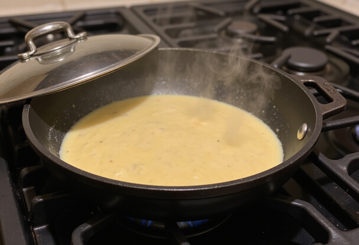 Cocinando el pan rápido en una sartén en la estufa, mostrando vapor saliendo de la tapa.