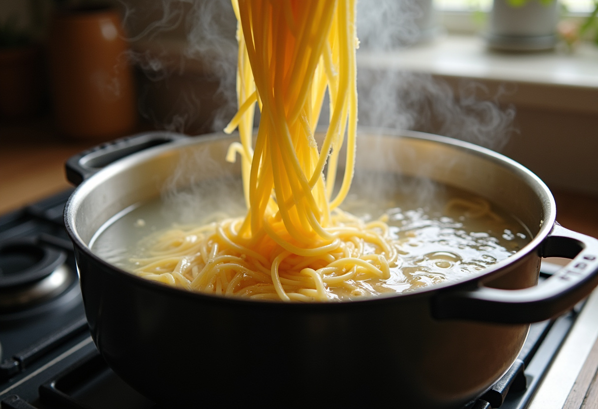 Añadiendo pasta a agua hirviendo para preparar pasta cremosa de alcachofas y salmón.