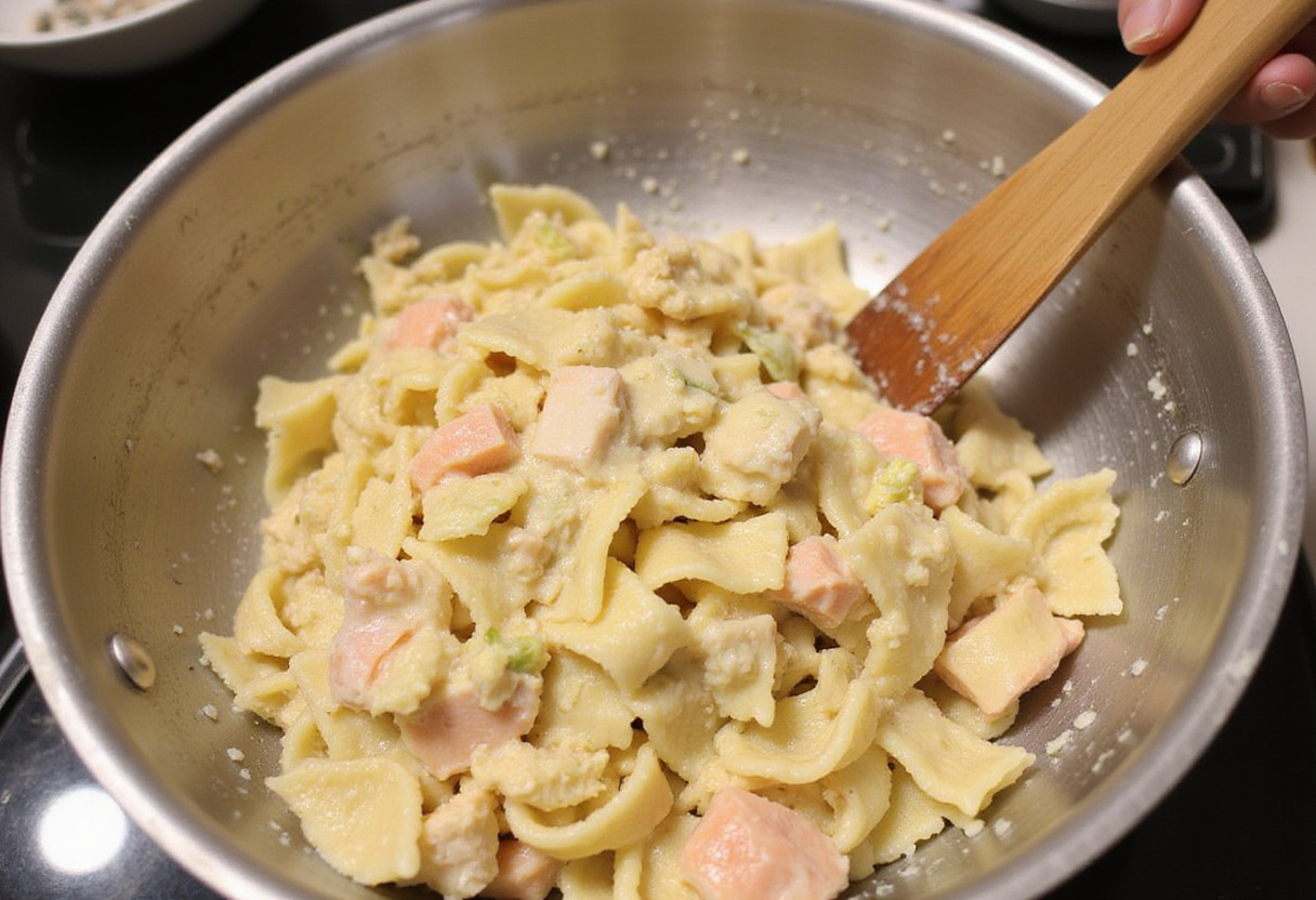 Combinando pasta con mezcla cremosa de alcachofas y salmón.