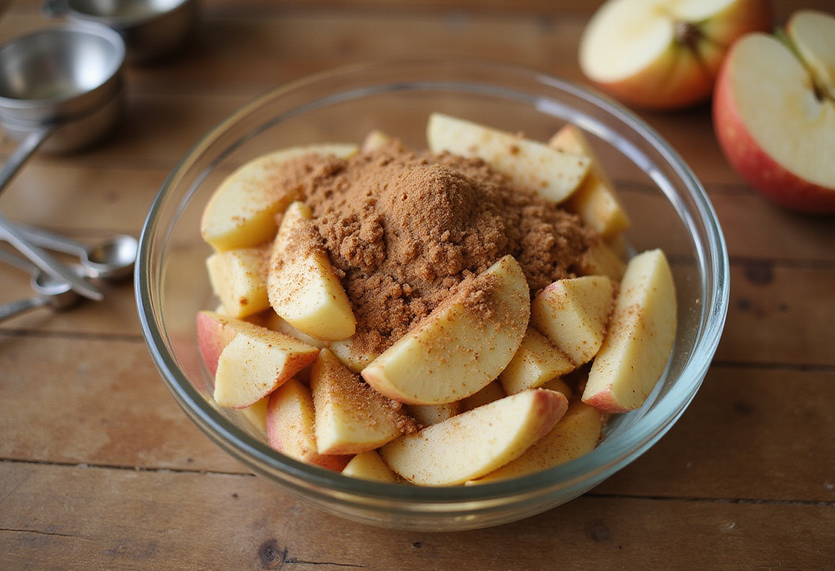 Manzanas rebanadas preparadas con canela y azúcar para el pastel de manzana sin harina.