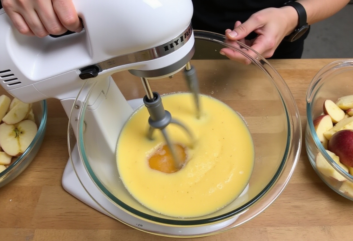 Mezclando los huevos con la vainilla para la receta del pastel de manzana sin harina.