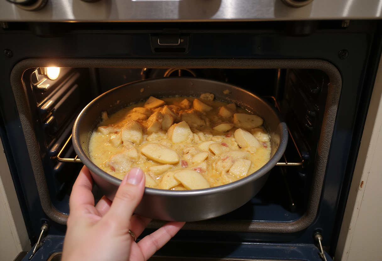 Colocando la mezcla de manzana en el horno para hornear el pastel de manzana sin harina.