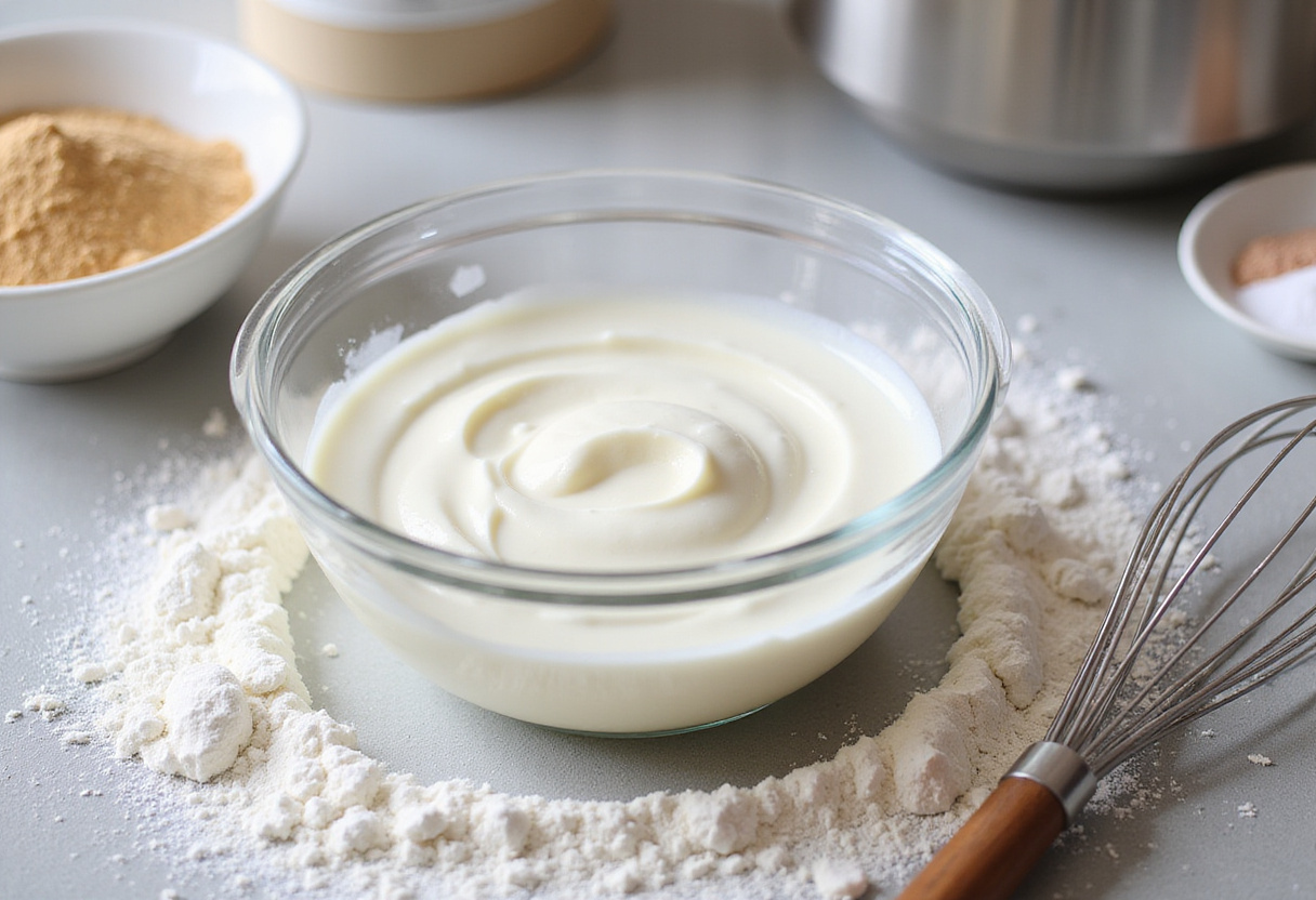 Ingredientes para pastel de yogur en un tazón, comenzando la receta de pastel húmedo.