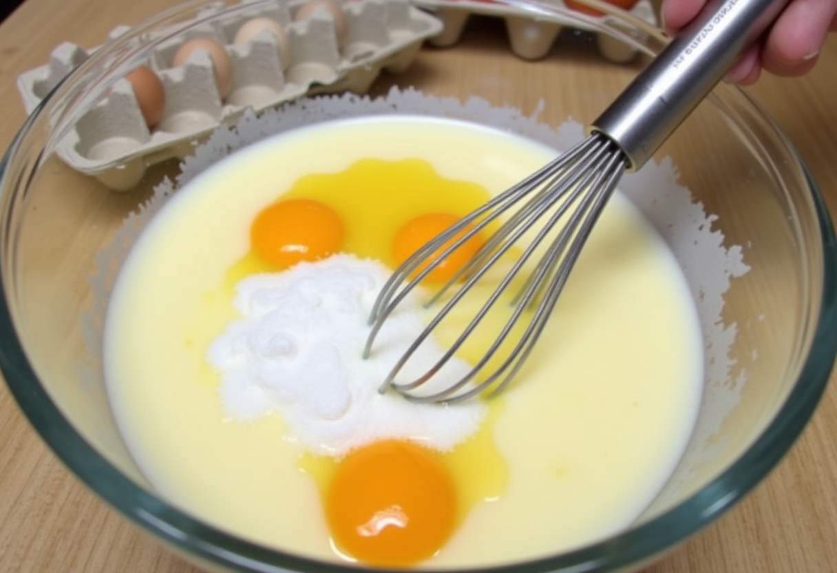 Mezcla de yogur y azúcar para pastel de nube de yogur, creando una deliciosa masa.