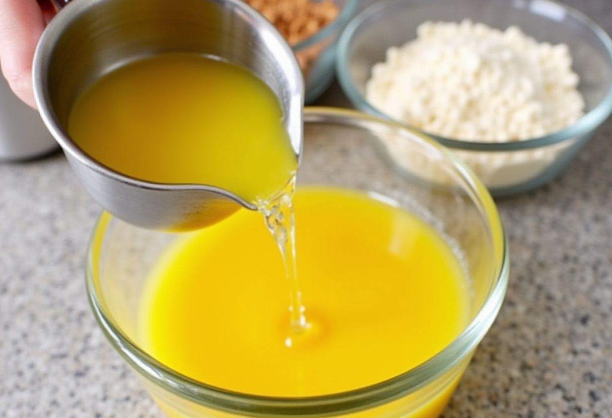 Aceite vegetal siendo añadido a la masa de pastel de yogur húmedo para una mejor textura.