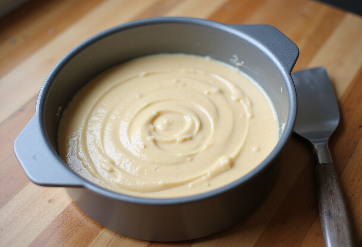 Bandeja de hornear llena de masa de pastel de nube de yogur, lista para hornear.