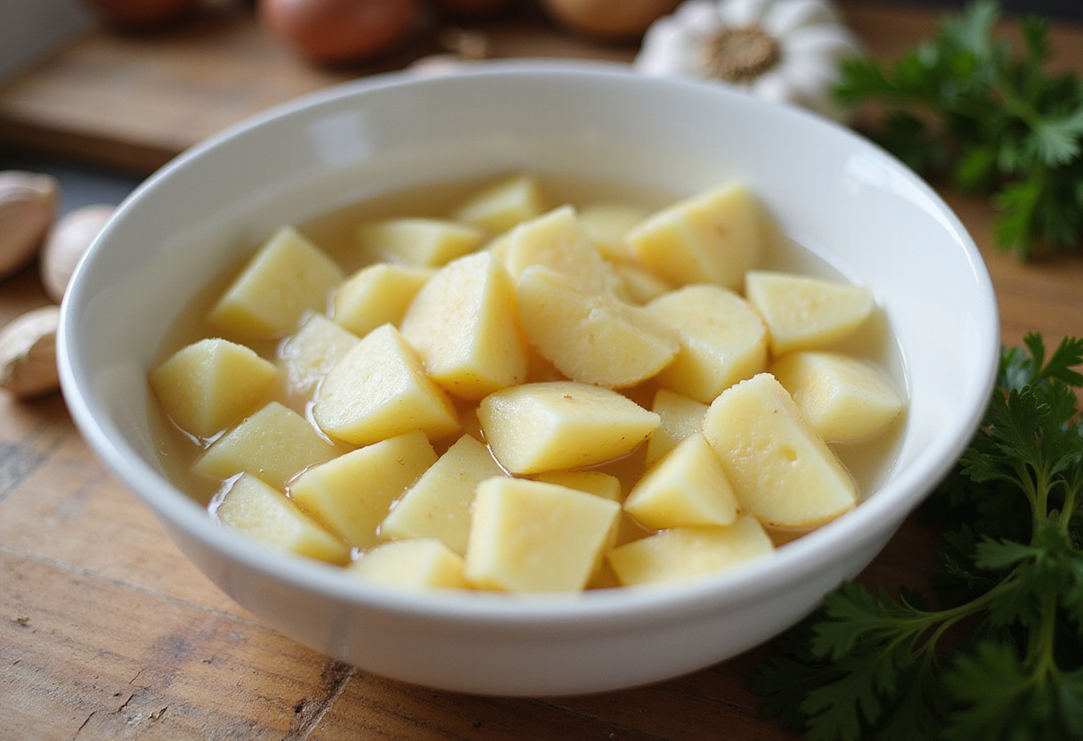 Patatas en dados remojándose en agua para preparar patatas al ajillo sencillas.