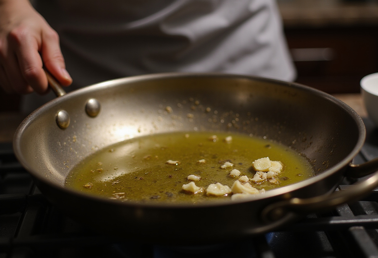 Calentando aceite de oliva para hacer patatas al ajillo fáciles en una sartén.