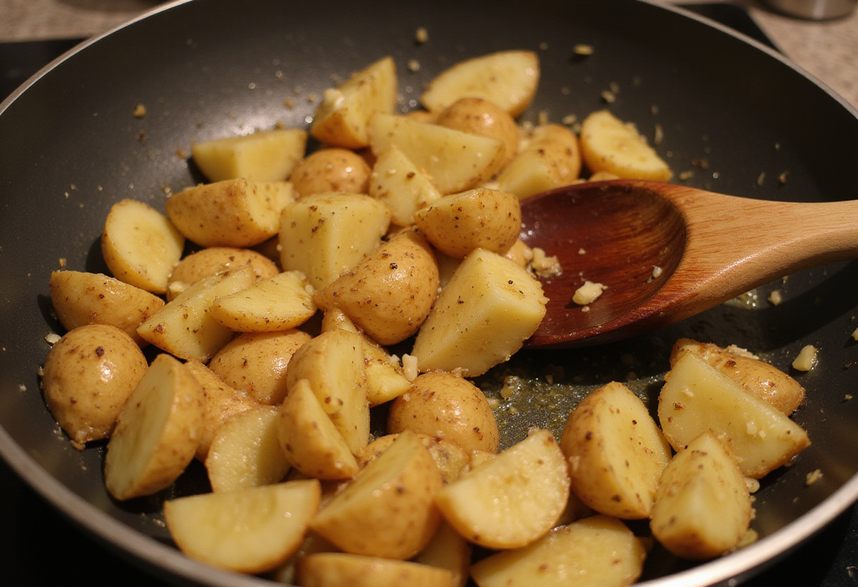 Patatas y ajo salteados para hacer patatas al ajillo fáciles.