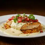 Finished pechuga de pollo a la crema on a plate, showcasing its creamy texture, ideal for a delicious meal.