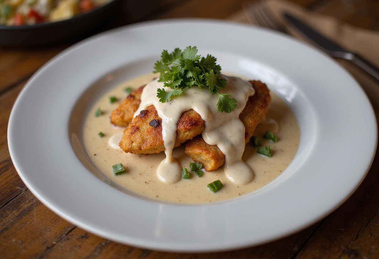 Finished pechuga de pollo a la crema on a plate, showcasing its creamy texture, ideal for a delicious meal.