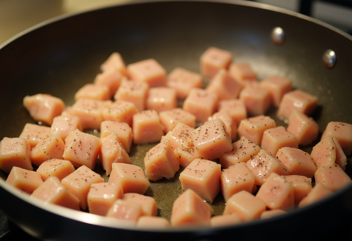 Diced chicken breasts seasoned for pechuga de pollo a la crema recipe.