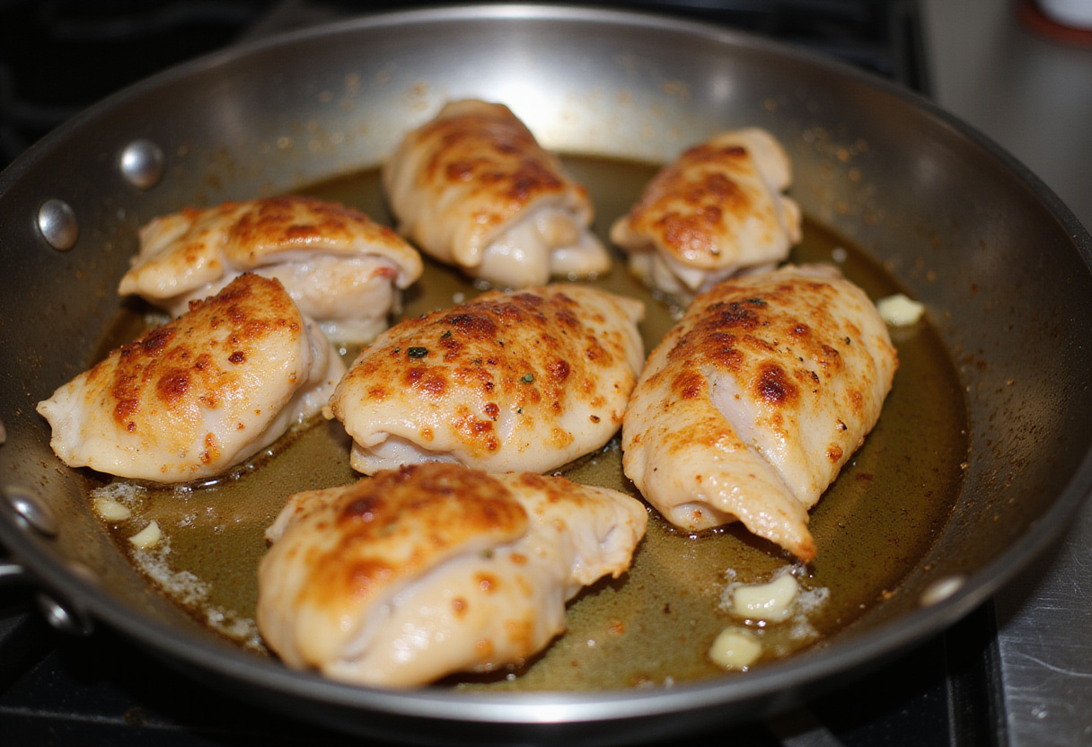 Sautéing chicken and garlic in butter for pechuga de pollo a la crema.