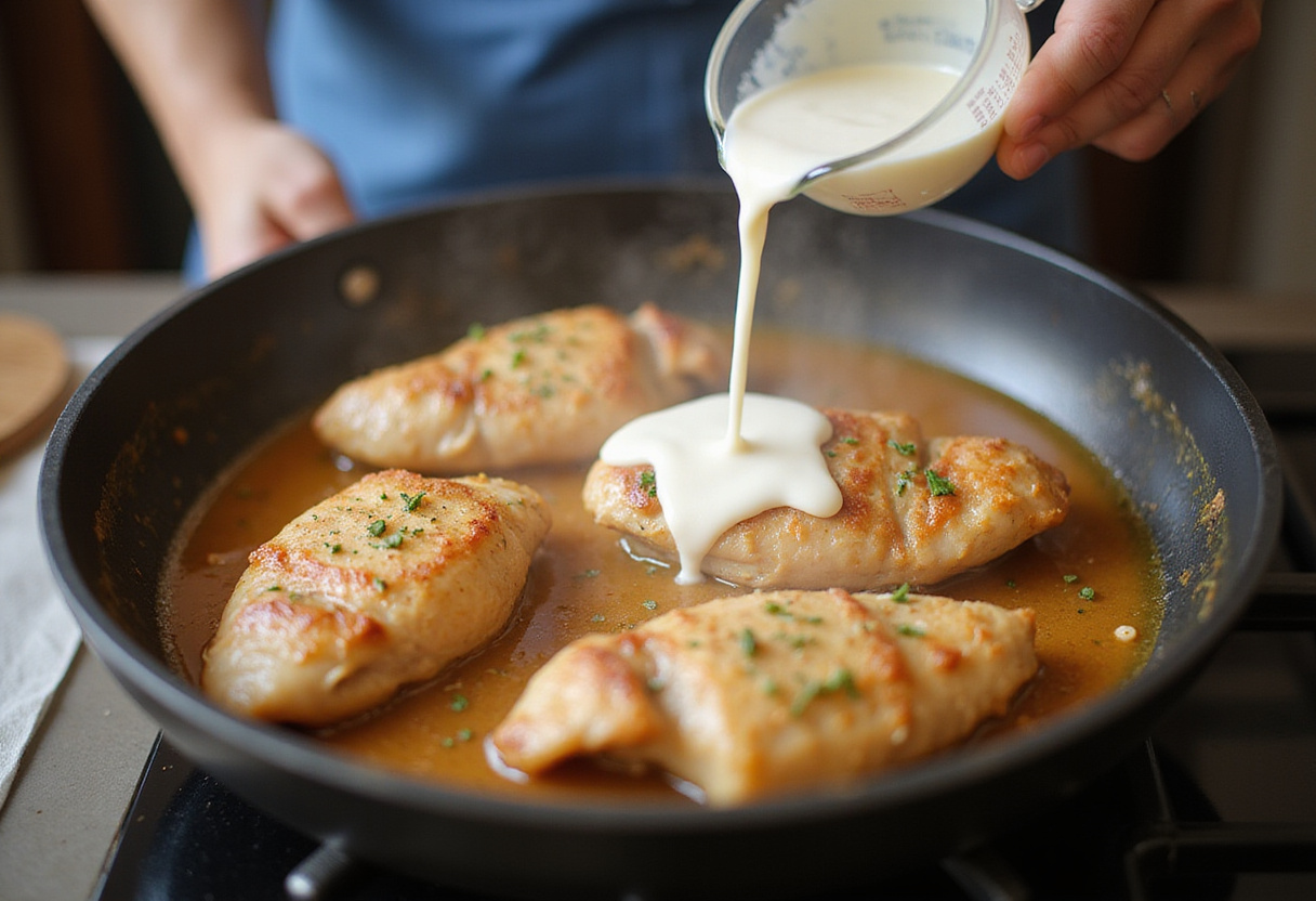 Adding heavy cream to chicken for a creamy texture in pechuga de pollo a la crema.