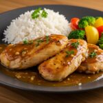 Pechuga de pollo jugosa en salsa servida en un plato con guarniciones de arroz y verduras.