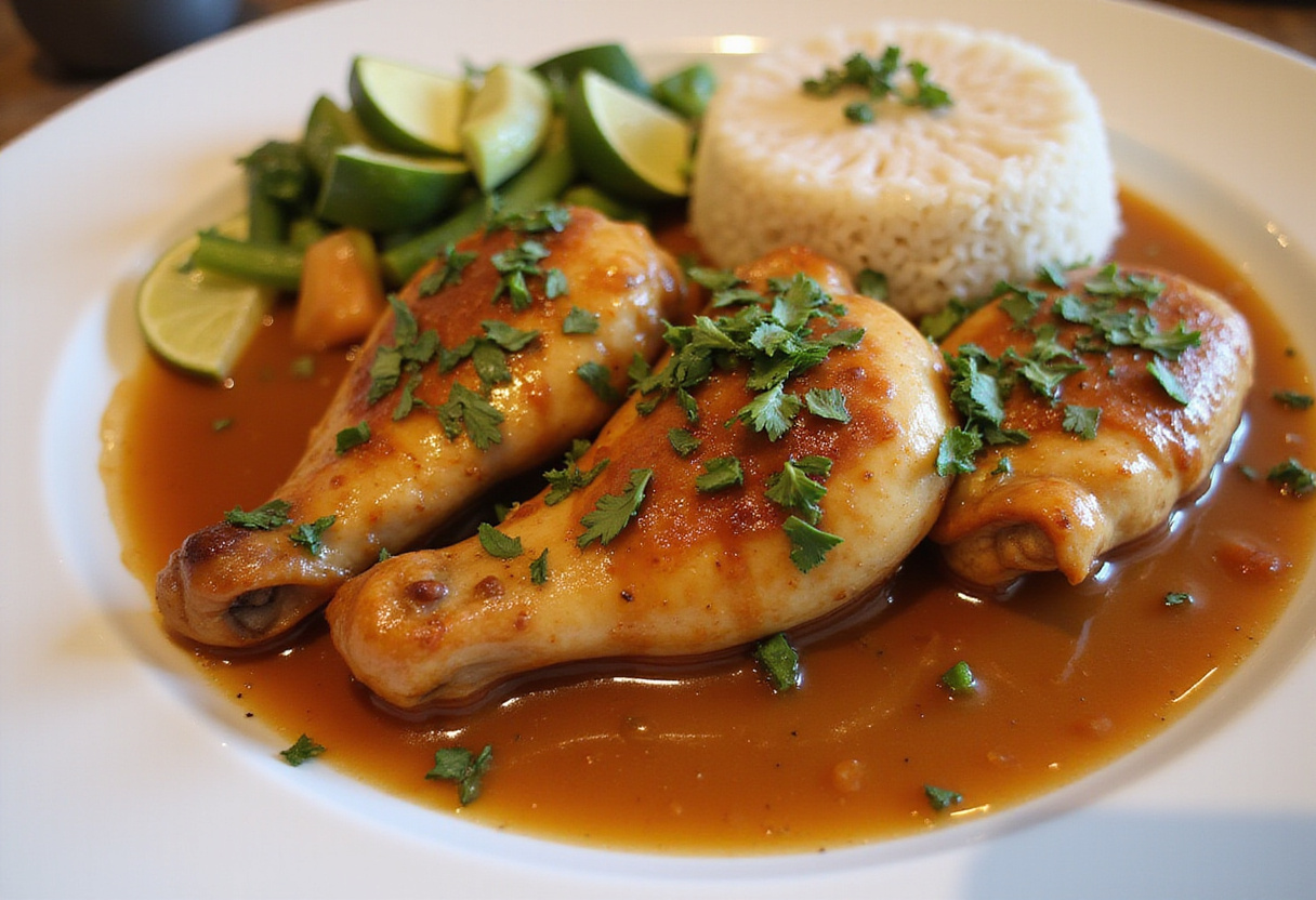 Pechuga de pollo jugosa en salsa servida en un plato con guarniciones de arroz y verduras.