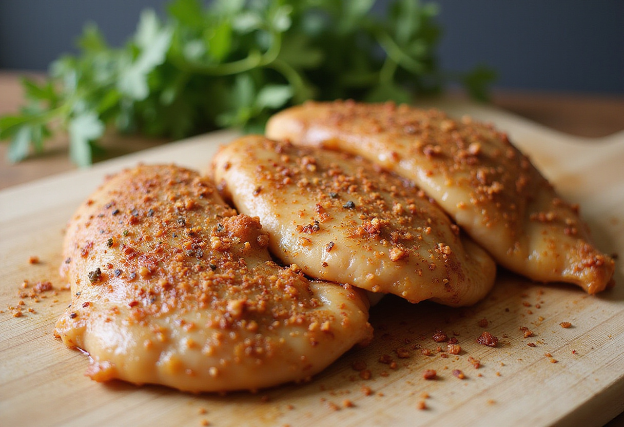 Pechuga de pollo jugosa marinada con especias en un tabla de cortar para la receta de pollo en salsa.