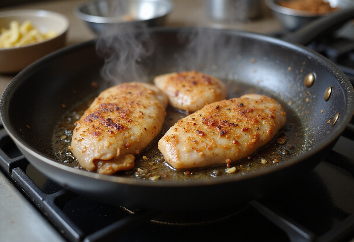 Pollo en salsa siendo dorado en una sartén para la receta de pechuga de pollo jugosa.
