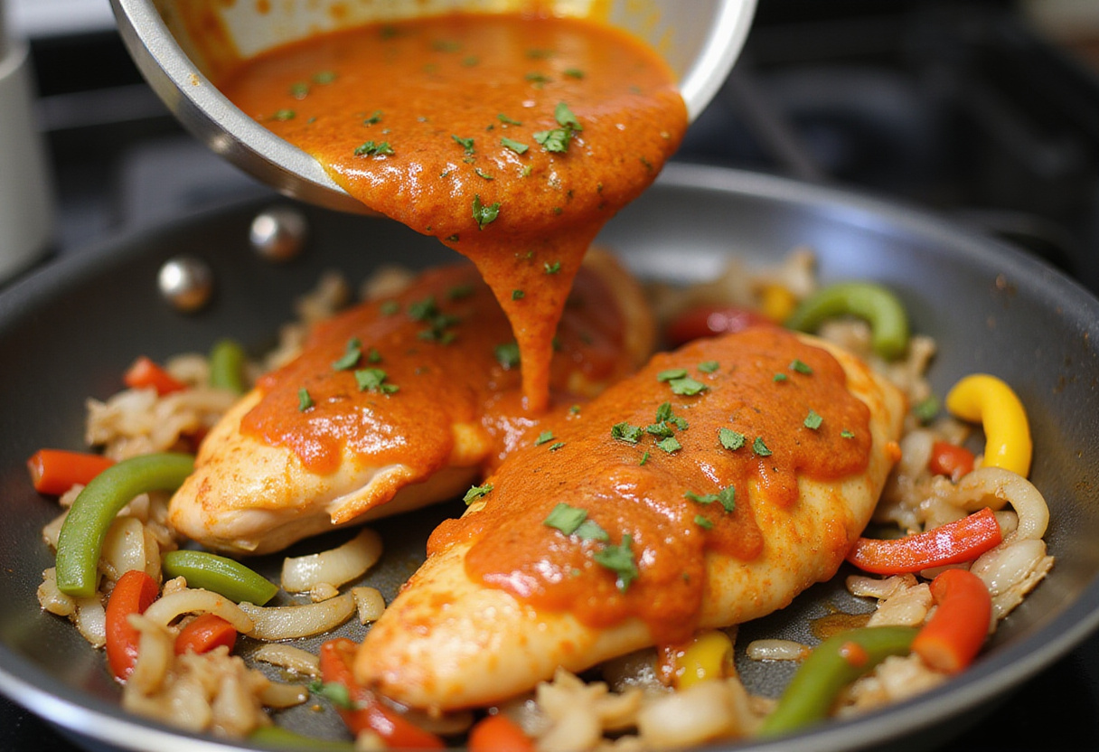 Salsa colorida siendo añadida a la pechuga de pollo jugosa en la sartén con verduras.