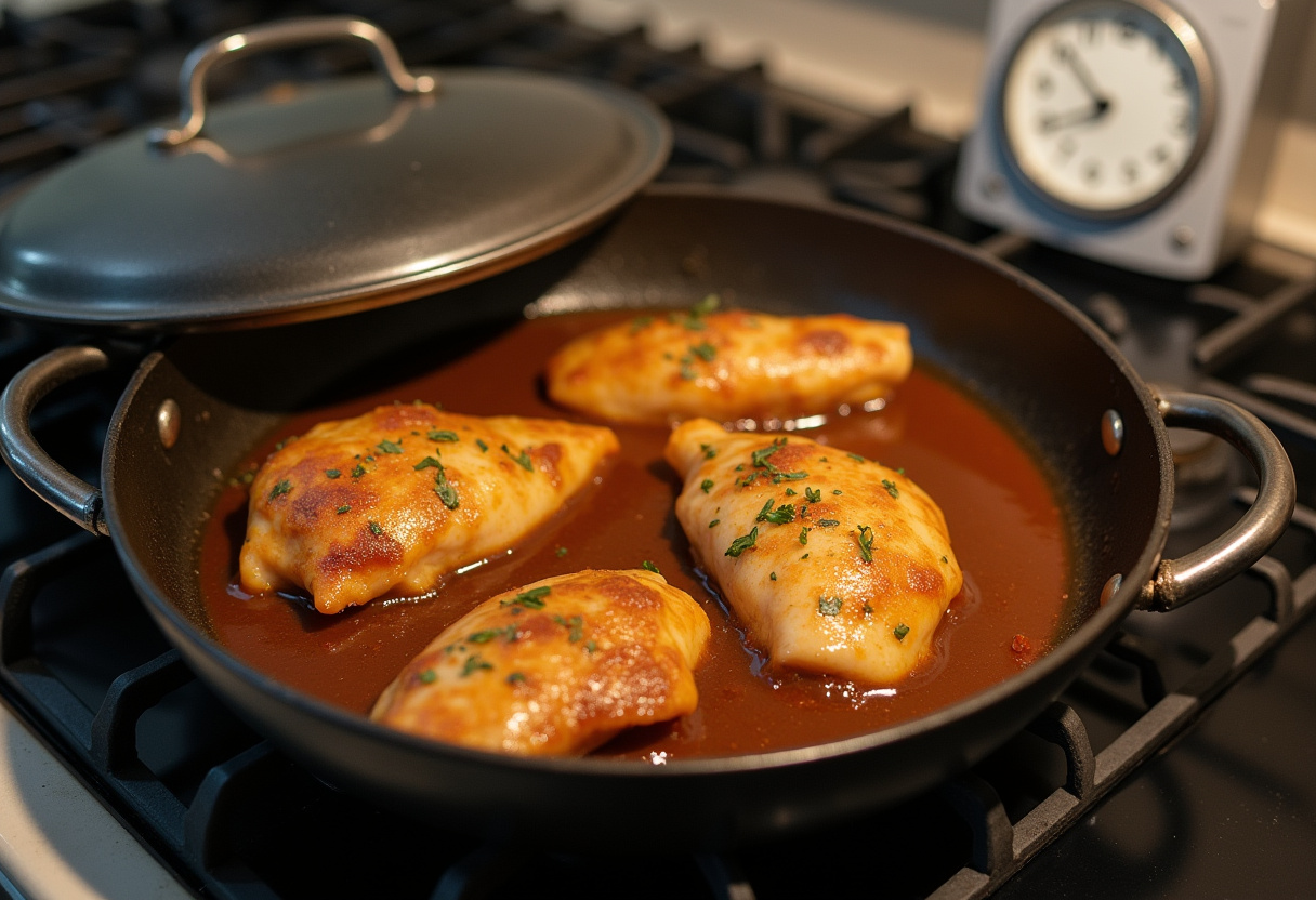 Pechuga de pollo jugosa cocinándose a fuego lento en la sartén cubierta con salsa.