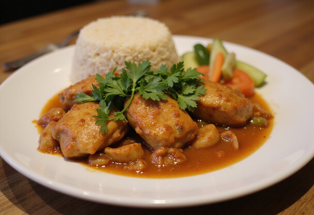Pechugas de pollo en salsa de champiñones servidas con arroz y verduras al vapor para una cena deliciosa.