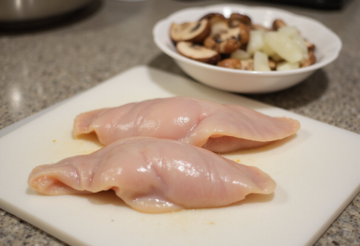 Pechugas de pollo en un tablero de cortar, listas para la receta de pechugas de pollo en salsa de champiñones.