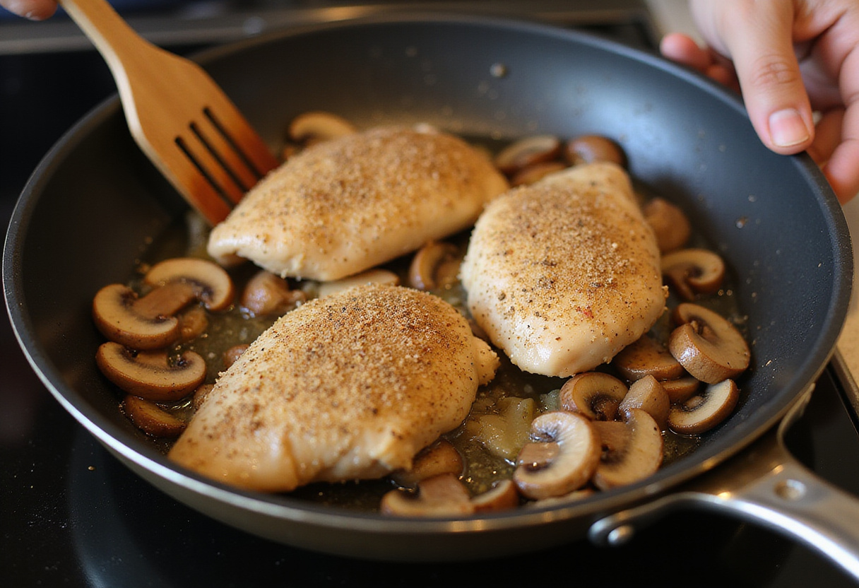 Pechugas de pollo añadiéndose a la sartén con champiñones y cebollas para pollo en salsa.