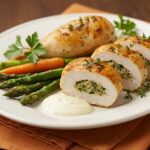 Pechugas de pollo rellenas de jamón y queso servidas en un plato, perfectas para una comida deliciosa.