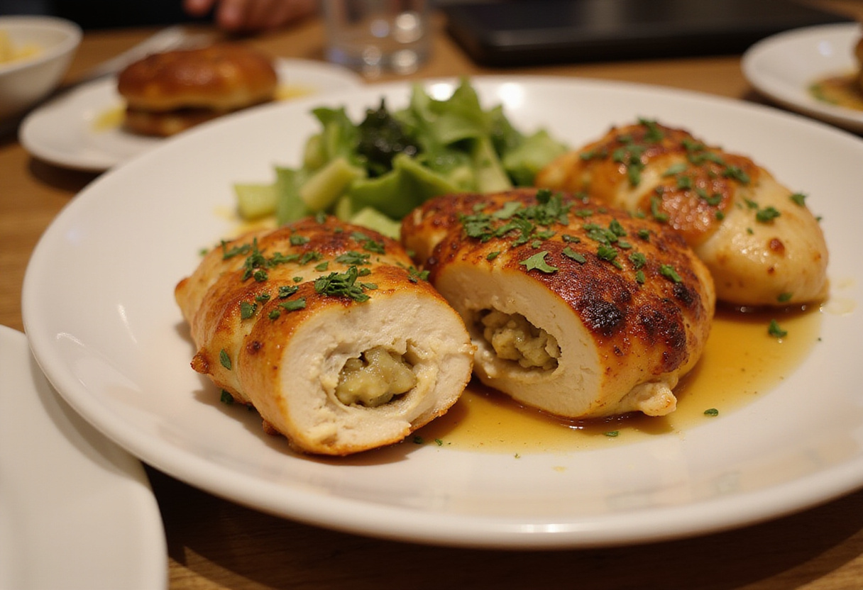 Pechugas de pollo rellenas de jamón y queso servidas en un plato, perfectas para una comida deliciosa.