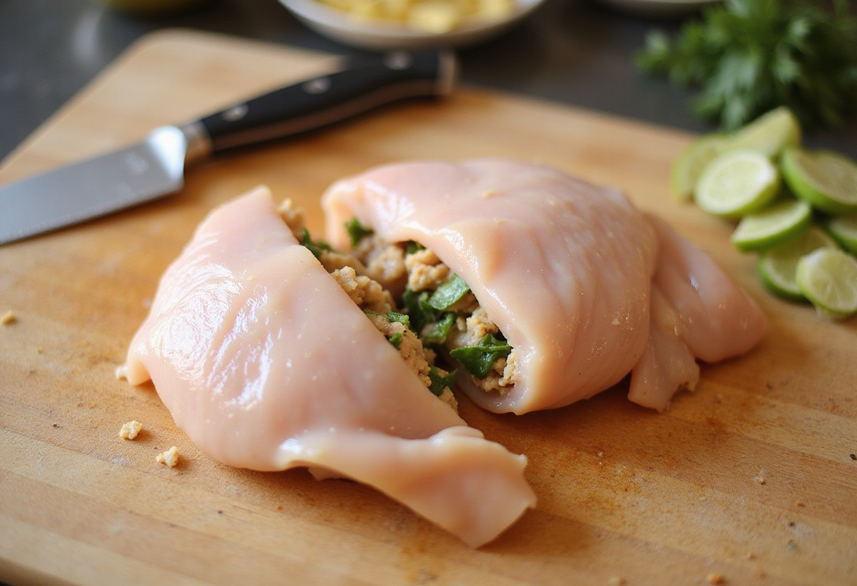Pechugas de pollo listas para ser rellenadas en una receta de pollo relleno.