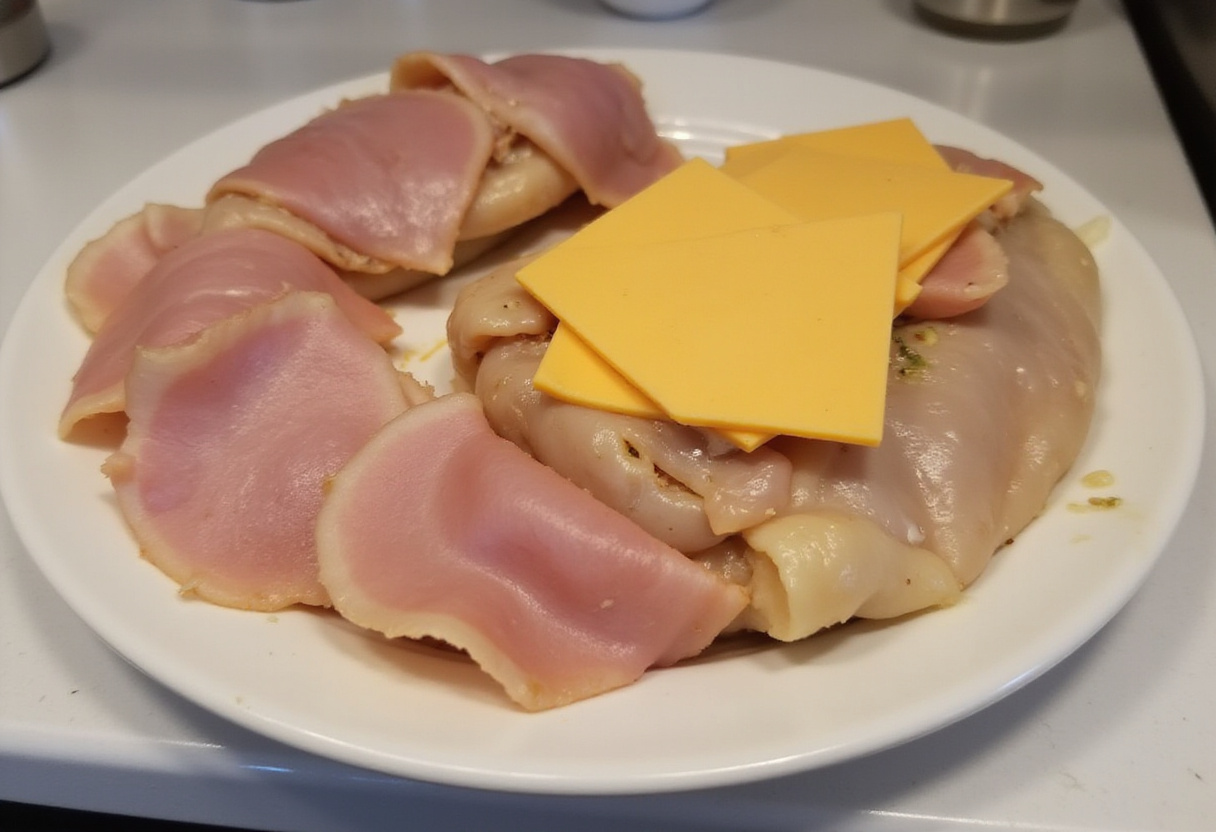 Ingredientes para pechugas de pollo rellenas: jamón y queso preparados para rellenar.