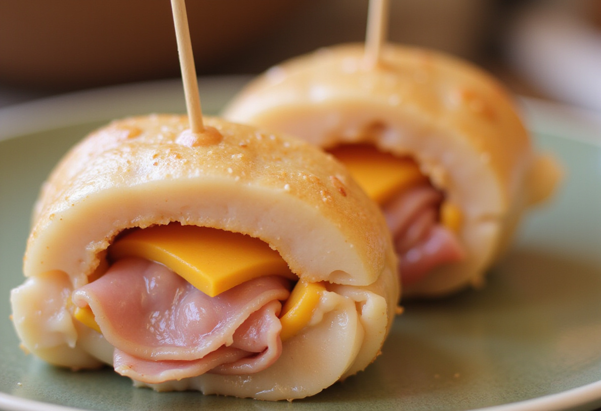Pechugas de pollo rellenas de jamón y queso, preparándose para cocinar.