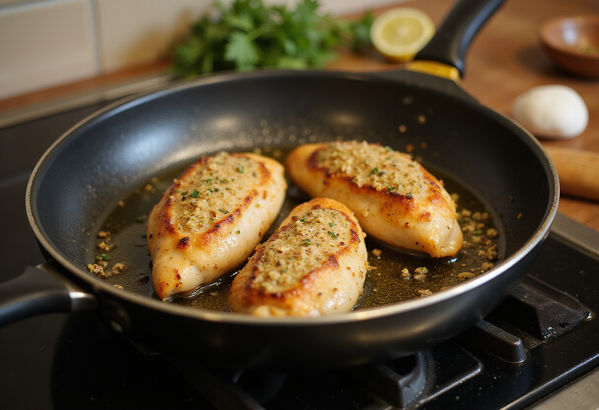 Pechugas de pollo rellenas cocinándose en la sartén, lista para servir.