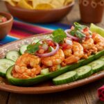 Finished Pepinos Locos con Camarones served on a colorful table, ideal for sharing.