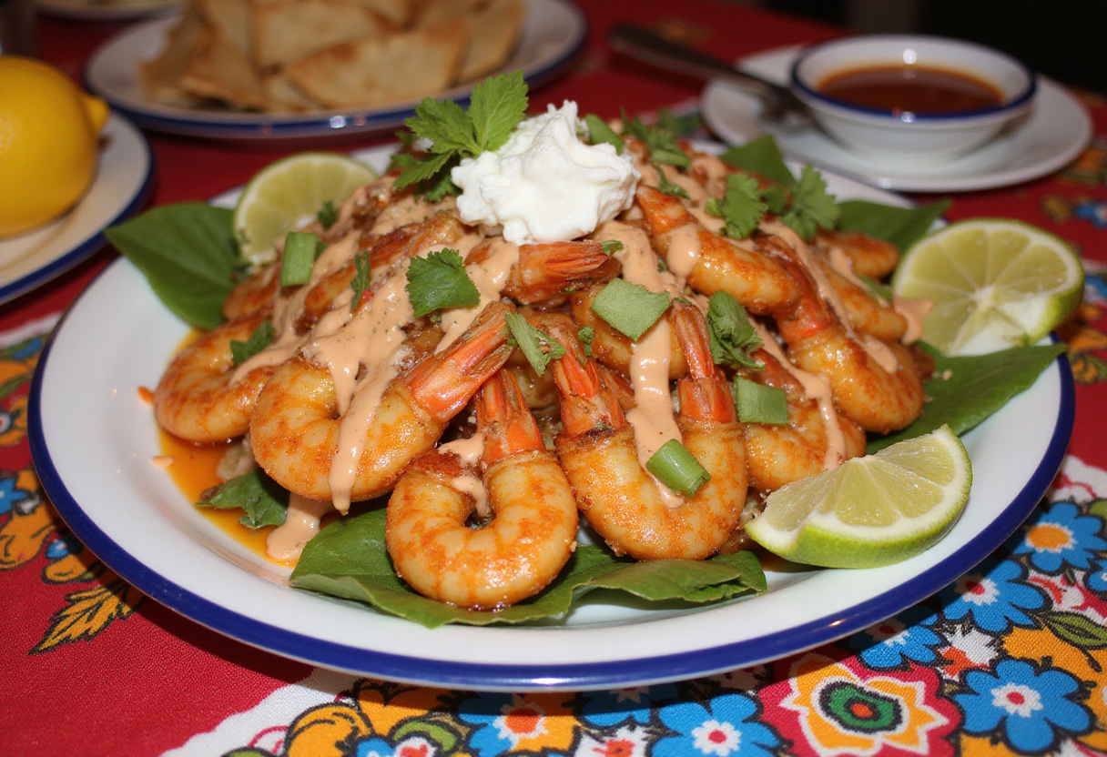 Pepinos Locos con Camarones terminados y servidos en una mesa colorida, ideal para compartir.