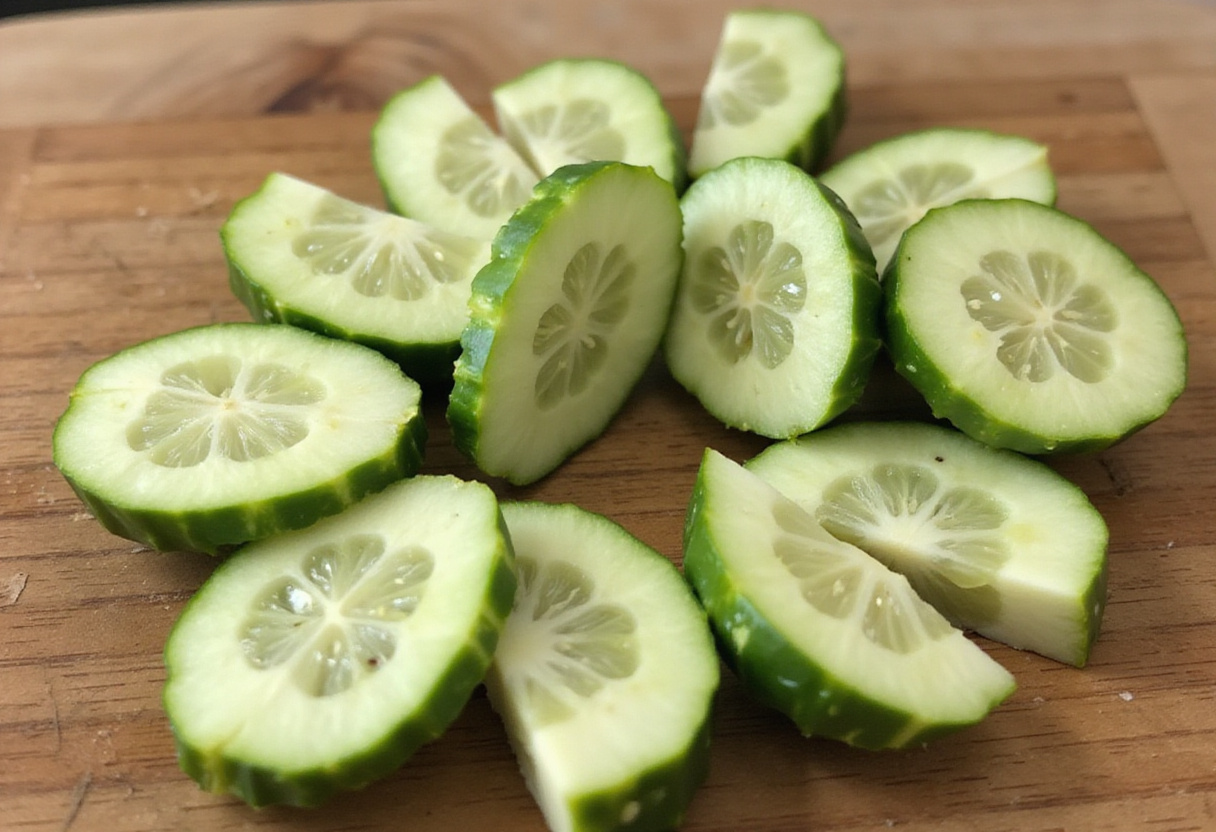 Mitades de pepino preparadas para Pepinos Locos con Camarones, listas para ser rellenadas.