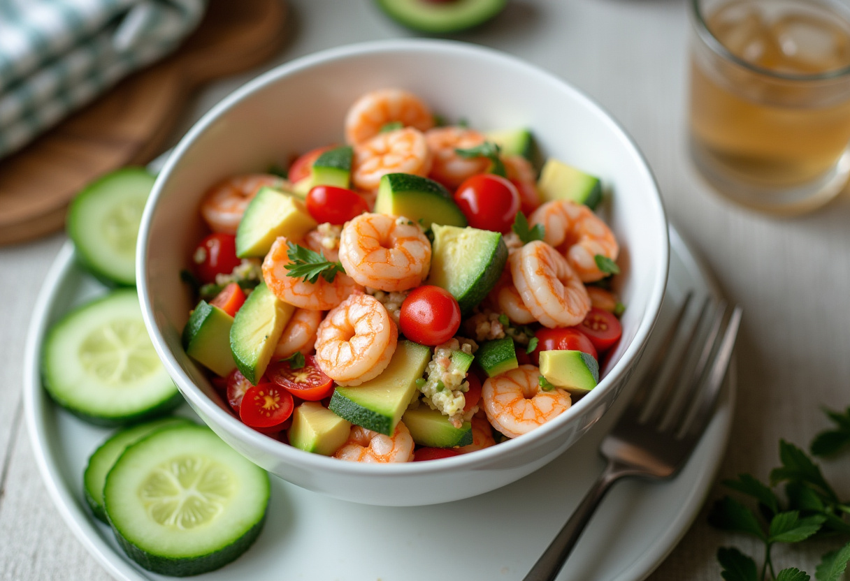 Mezcla de ensalada de camarones para Pepinos Locos con Camarones lista para rellenar los pepinos.