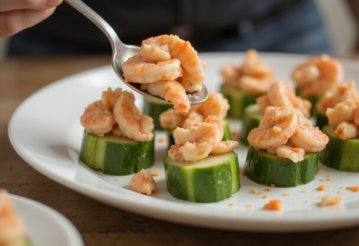 Rellenando mitades de pepino con ensalada de camarones para la receta de Pepinos Locos con Camarones.
