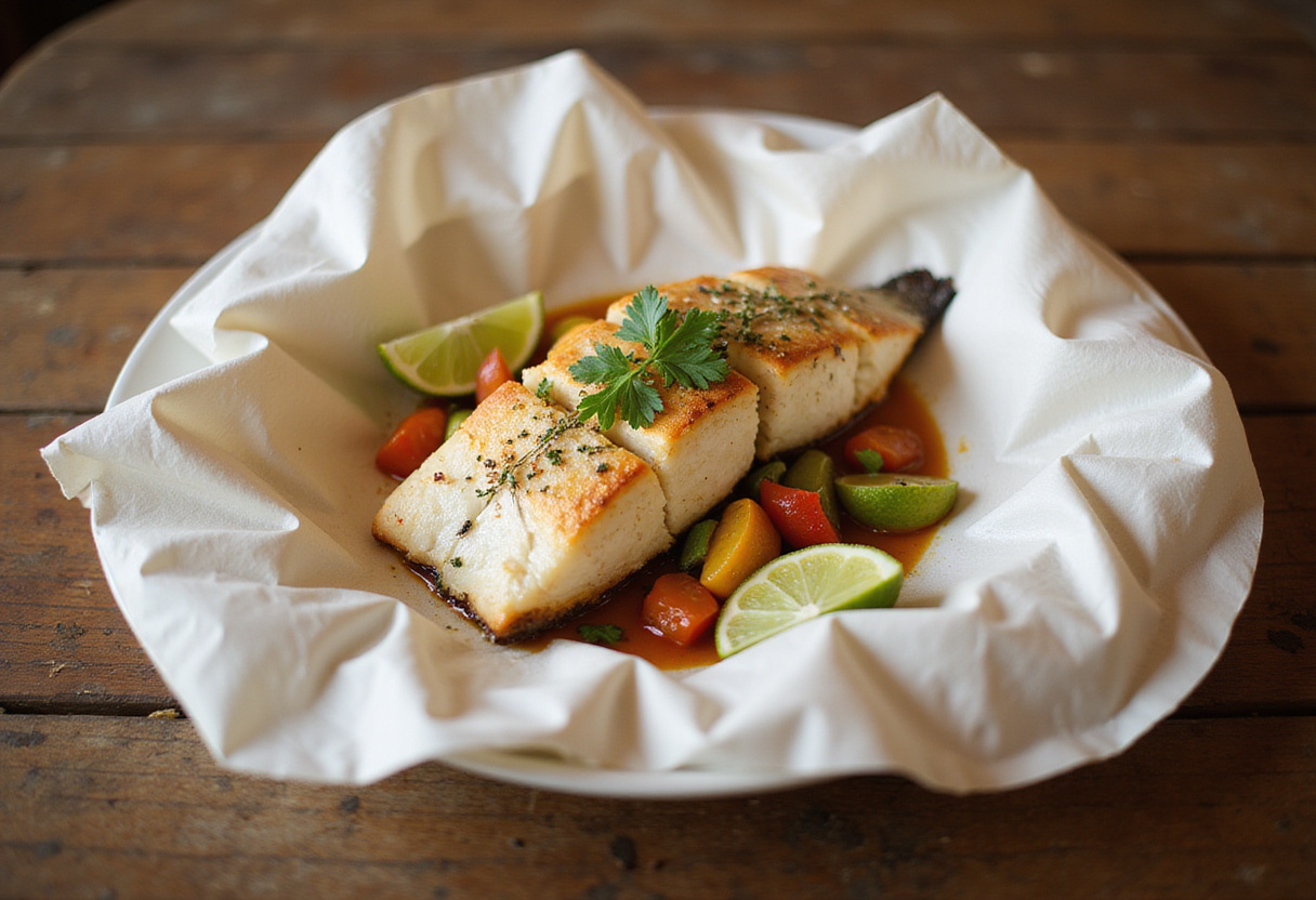 Pescado blanco al papillote servido con rodajas de lima y verduras, ideal para una cena saludable.