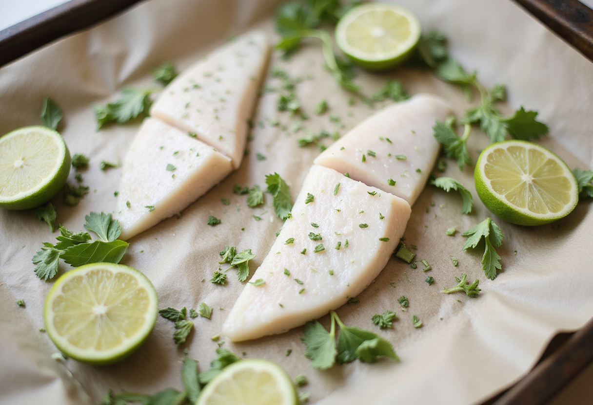 Pescado blanco al papillote preparado en una bandeja para hornear con hierbas frescas y limones.