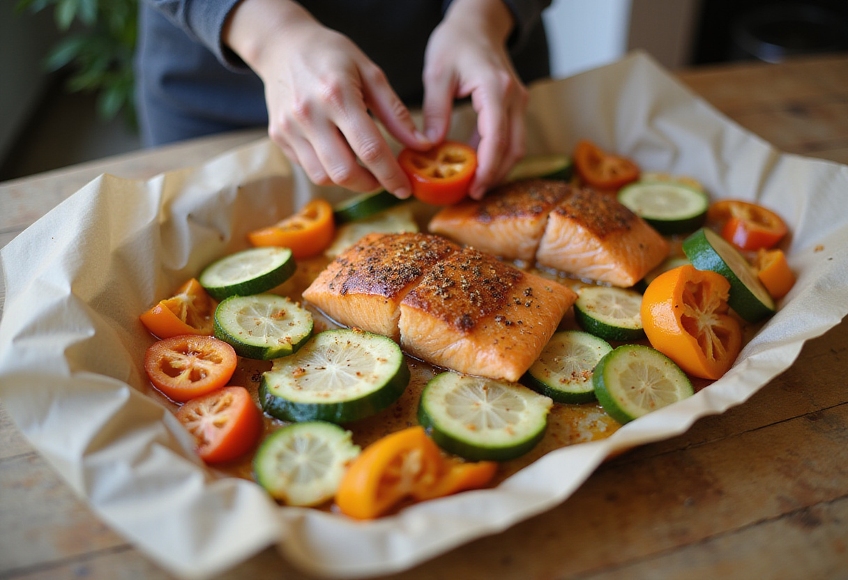 Añadiendo verduras frescas al pescado al papillote en la bandeja para resaltar la receta saludable.