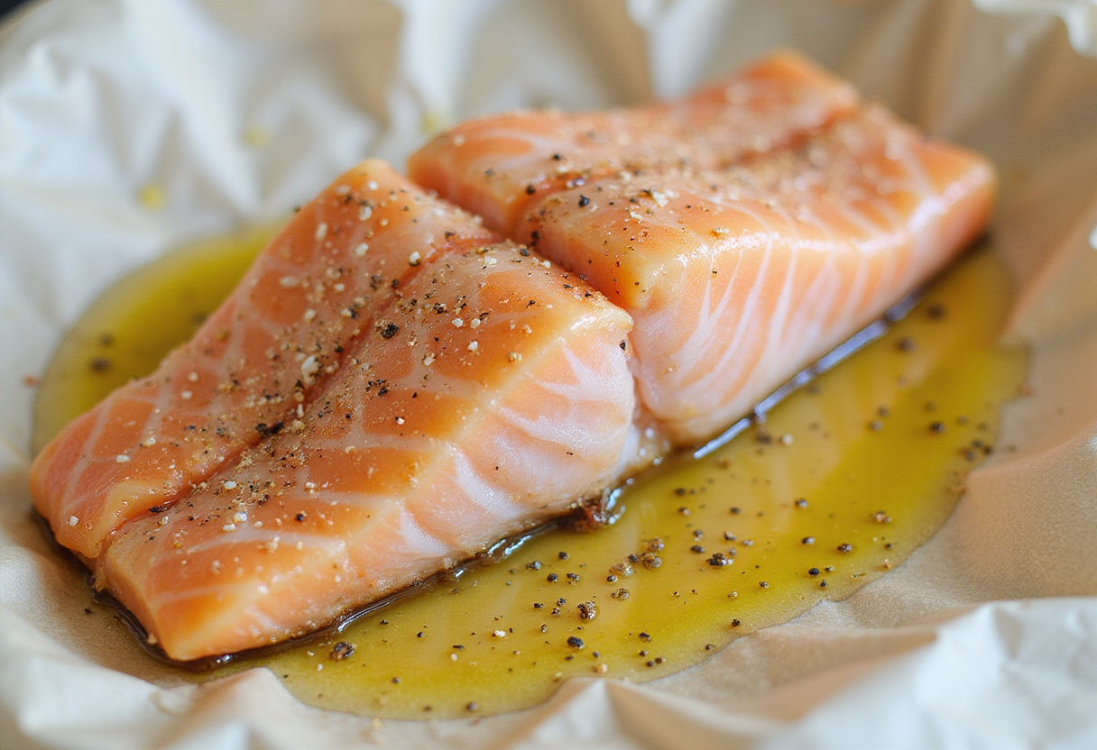 Pescado blanco al horno sazonado con aceite de oliva y especias, listo para cocinar al papillote.