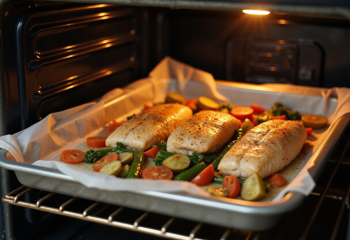 Pescado al papillote siendo colocado en el horno para una cocción perfecta.
