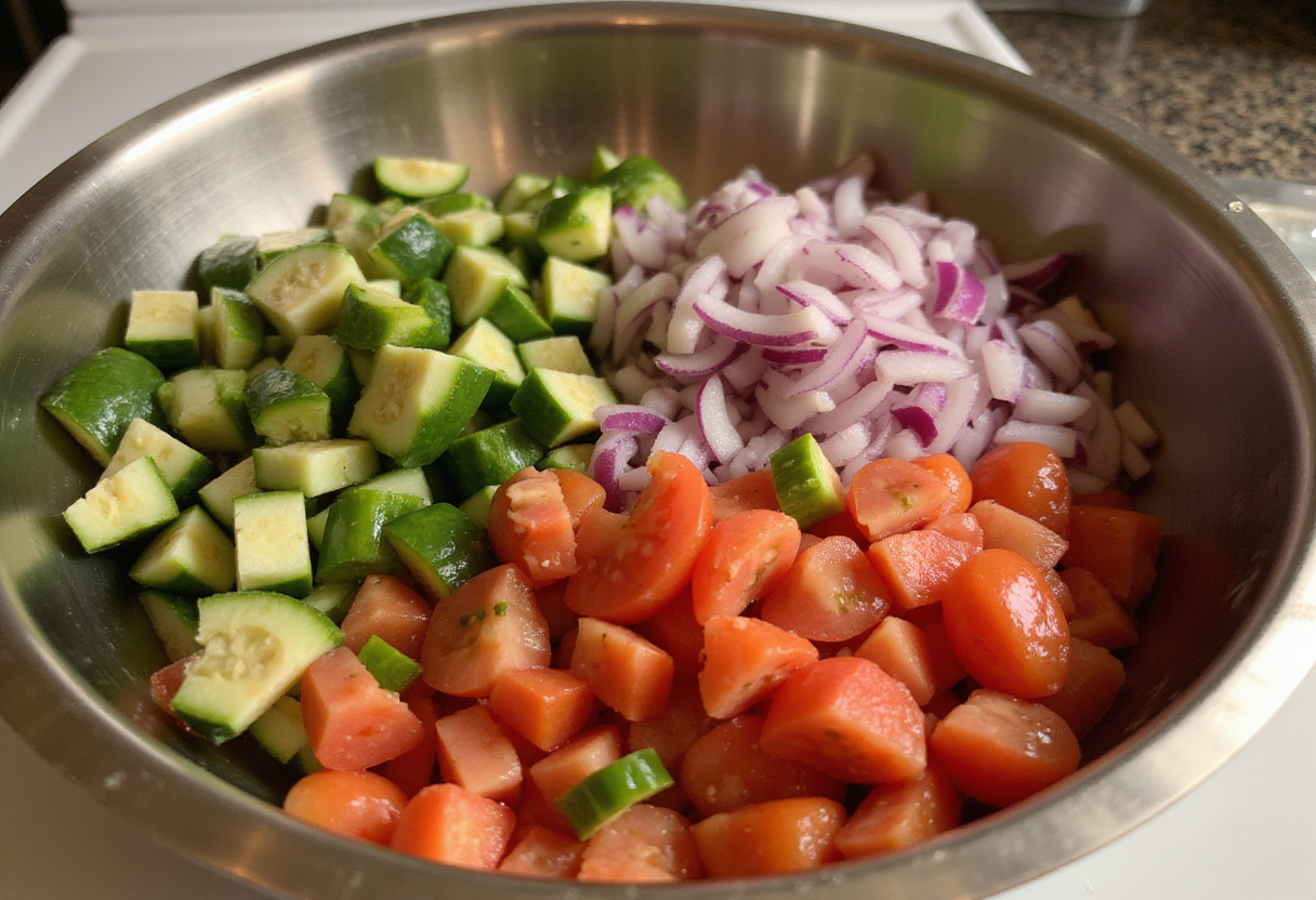 Fresh vegetables for pipirrana andaluza in a large bowl, showcasing the ingredients for ensalada andaluza.